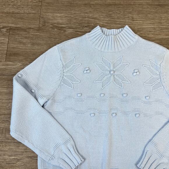 Vintage Croft and Barrow Blue Poinsetta Knitted Mock Neck Pullover Sweater (XL) - Picture 9 of 12